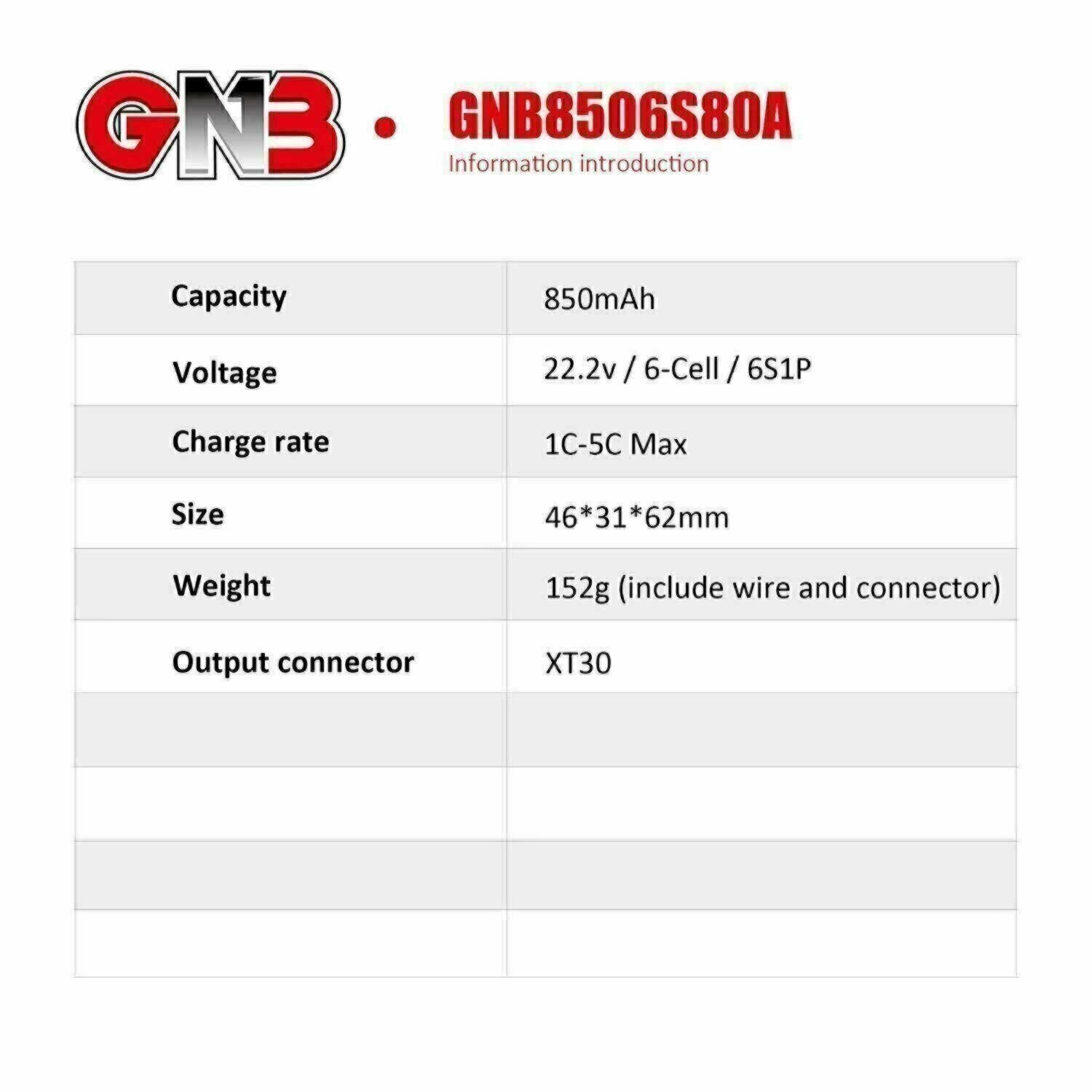 GNB 850mAh 6S | 22.2v Lipo Battery